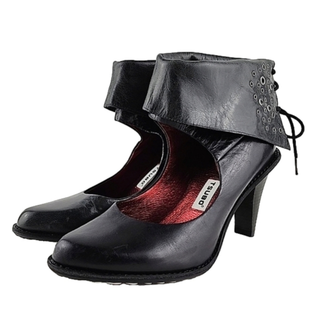 TSUBO Pump  Heels Shoes Black Leather Back Lace Ankle Foldover Tall Cuff Size 8 - Picture 2 of 15
